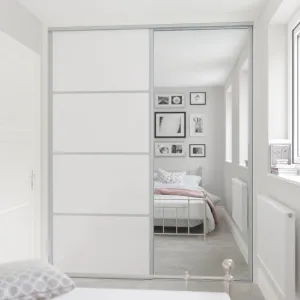 Classic Silver Frame 2 Door Mirror & White Glass Sliding Wardrobe Kit