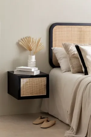 Rattan & Wood Wall-Mounted Bedside Table | Wooden Bedside Table - Gemma